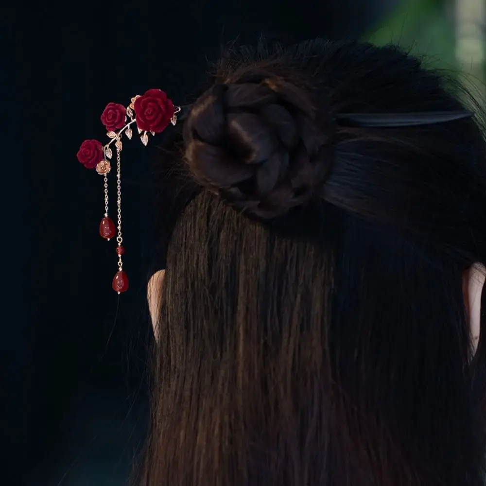 

Красная роза, китайская палочка для волос, древний стиль, цветок ручной работы, вилки для волос с кисточкой, ретро, винтажная заколка для волос, вечерние ханьфу