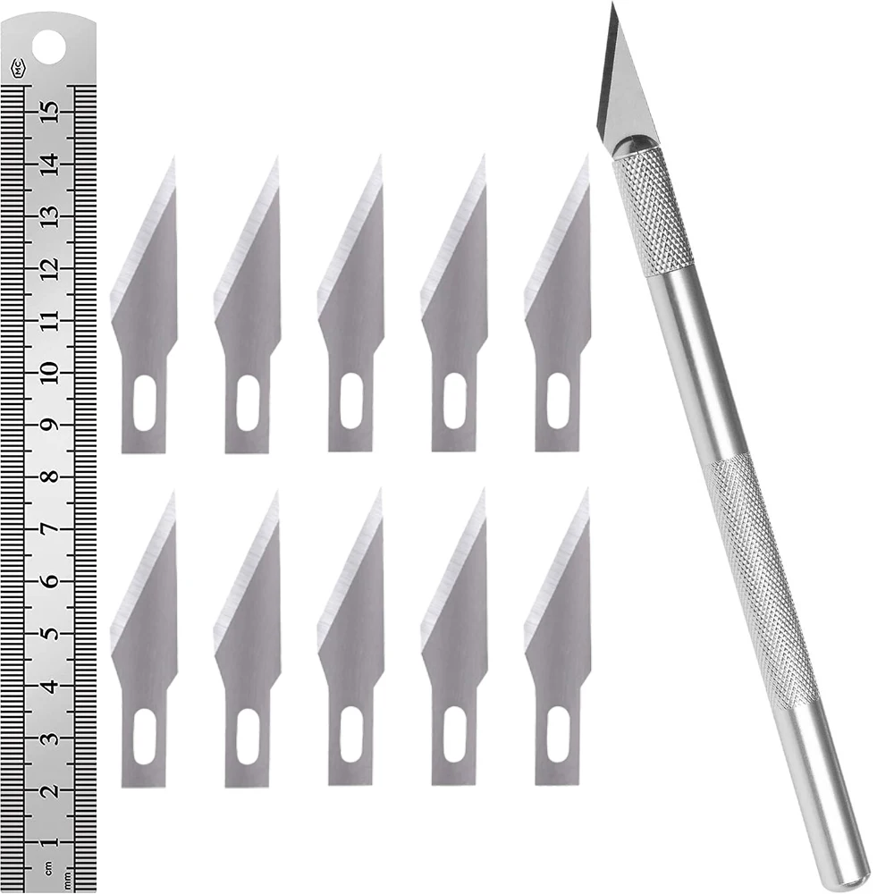 Knife Set - 1pc High-Grade Craft Knife Set with 10 Extra Premium Steel Knife Blades and 15cm Ruler