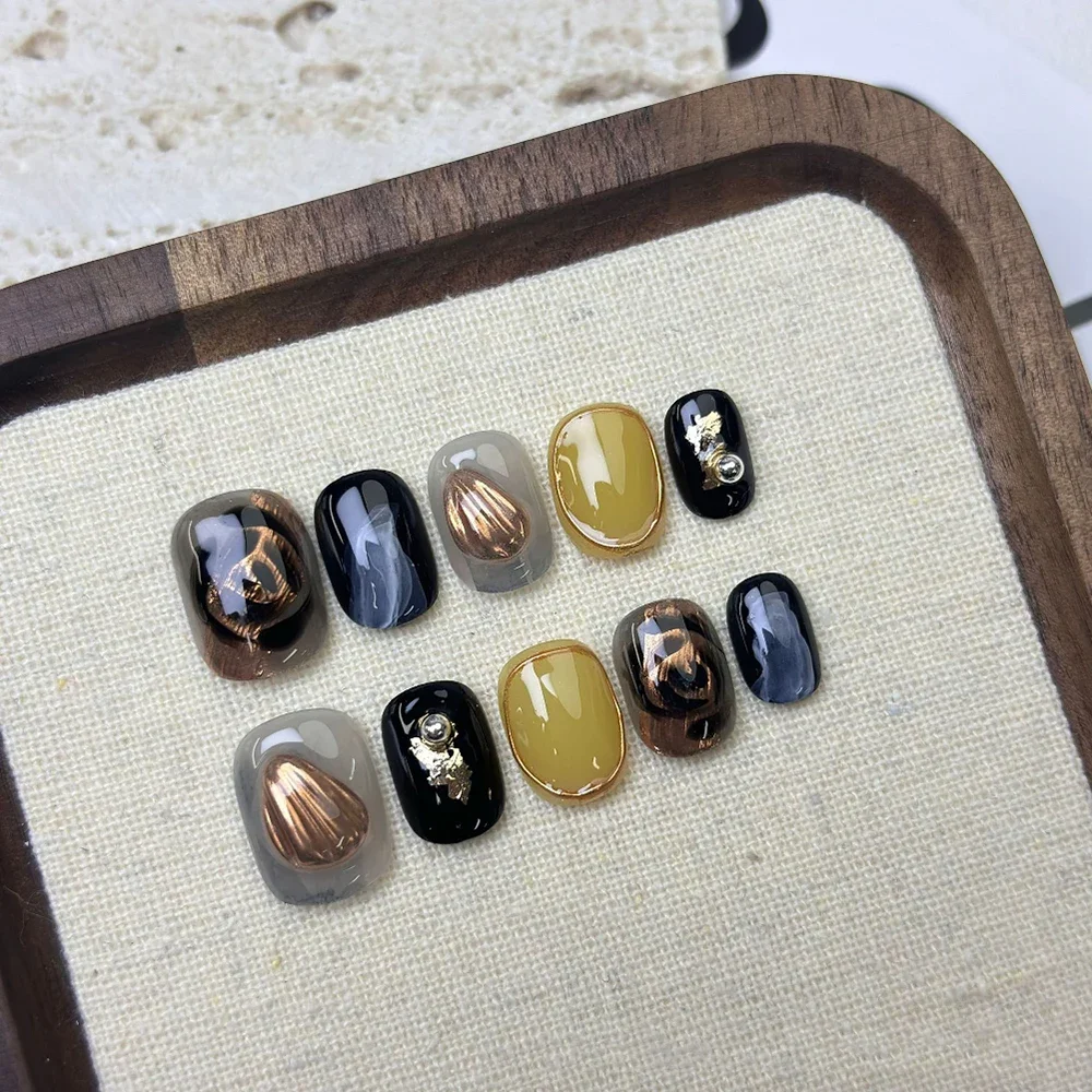 10Pcs 라이트 럭셔리 손톱에 고품질 수제 프레스 매직 미러 파우더 그라디언트 짧은 사각형 타원형 웨어러블 틀린 손톱