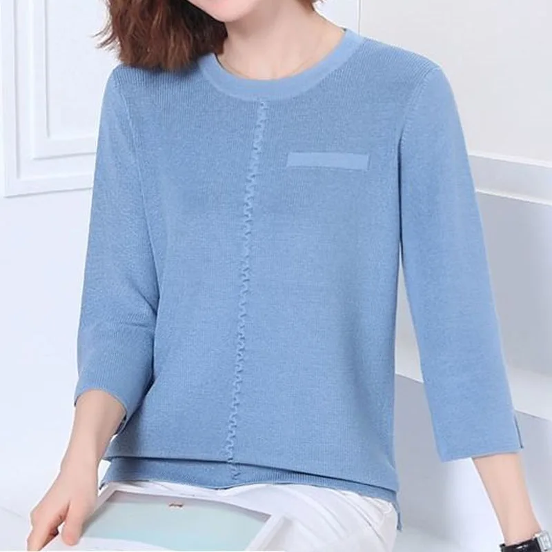 Office Lady Solid Color Fashionable Short Knitted T-shirt Summer Elegant Simplicity 3/4 Sleeve Round Neck Tops Women\'s Clothing