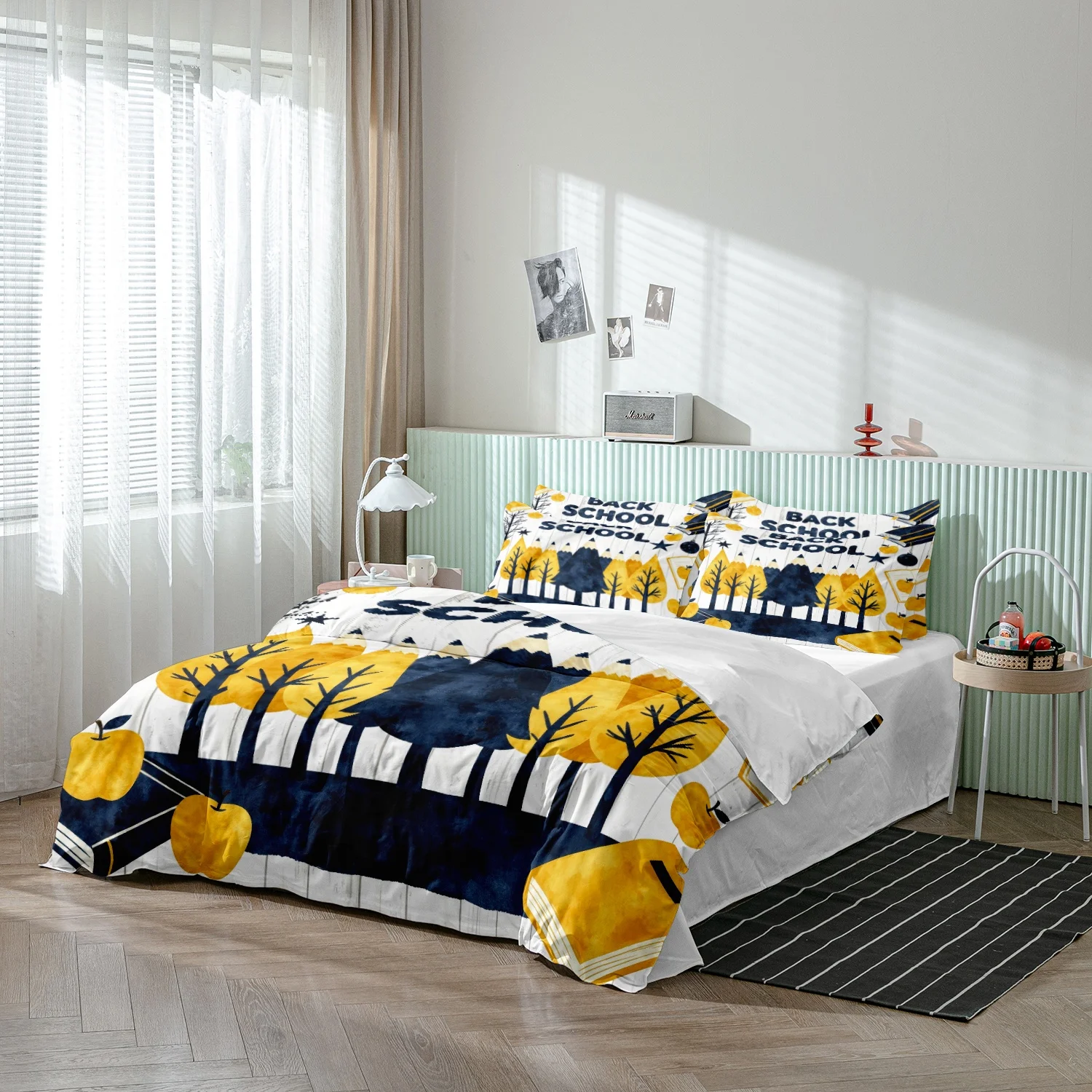 3Pcs Blue Yellow Pencil Tree Book Print Duvet Cover Set, Back to School Bedding, Soft Microfiber Bedroom Decor