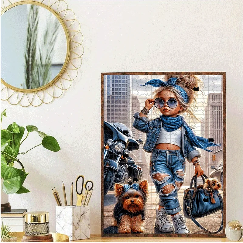 女の子、メガネ、ヘッドスカーフ、デニムジャケット、破れたジーンズ、ハンドバッグ、子犬、バイク、都市の建物パズル 500ピース/1000ピース 大人向けパズル