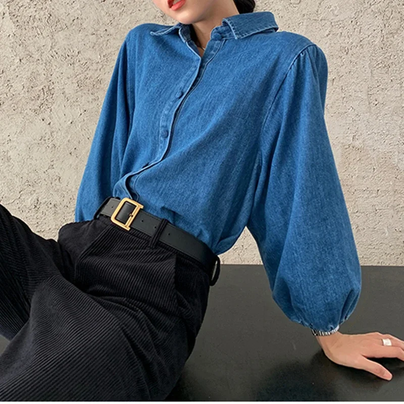 

Vintage Puff Sleeve Denim Women's Blouse 2024 New Turn-down Collar Jeans Shirts Female Buttons Chic Tops Spring Summer Elegant