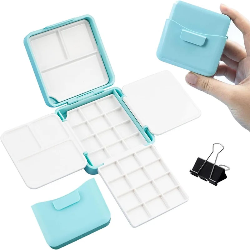 AT93-Dual Foldable Palettes Watercolor Kit, Mini 24-Slot Box With Water Container And Metal Clip For Professional Use