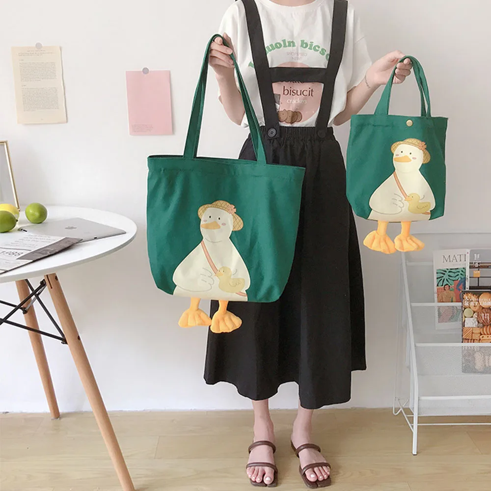 New Women Shoulder Shopper Bag Cute Duck Cartoon Print Casual Kawaii Canvas Tote Shopping Bag Cotton Cloth Eco Handbags tote bag