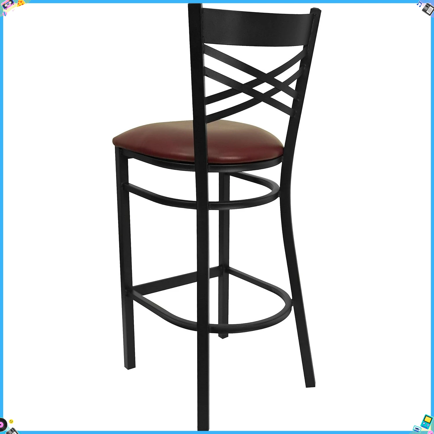 Industrial Style Black X Back Metal Barstool - Burgundy Vinyl Seat for Kitchen Island & Restaurant Counter