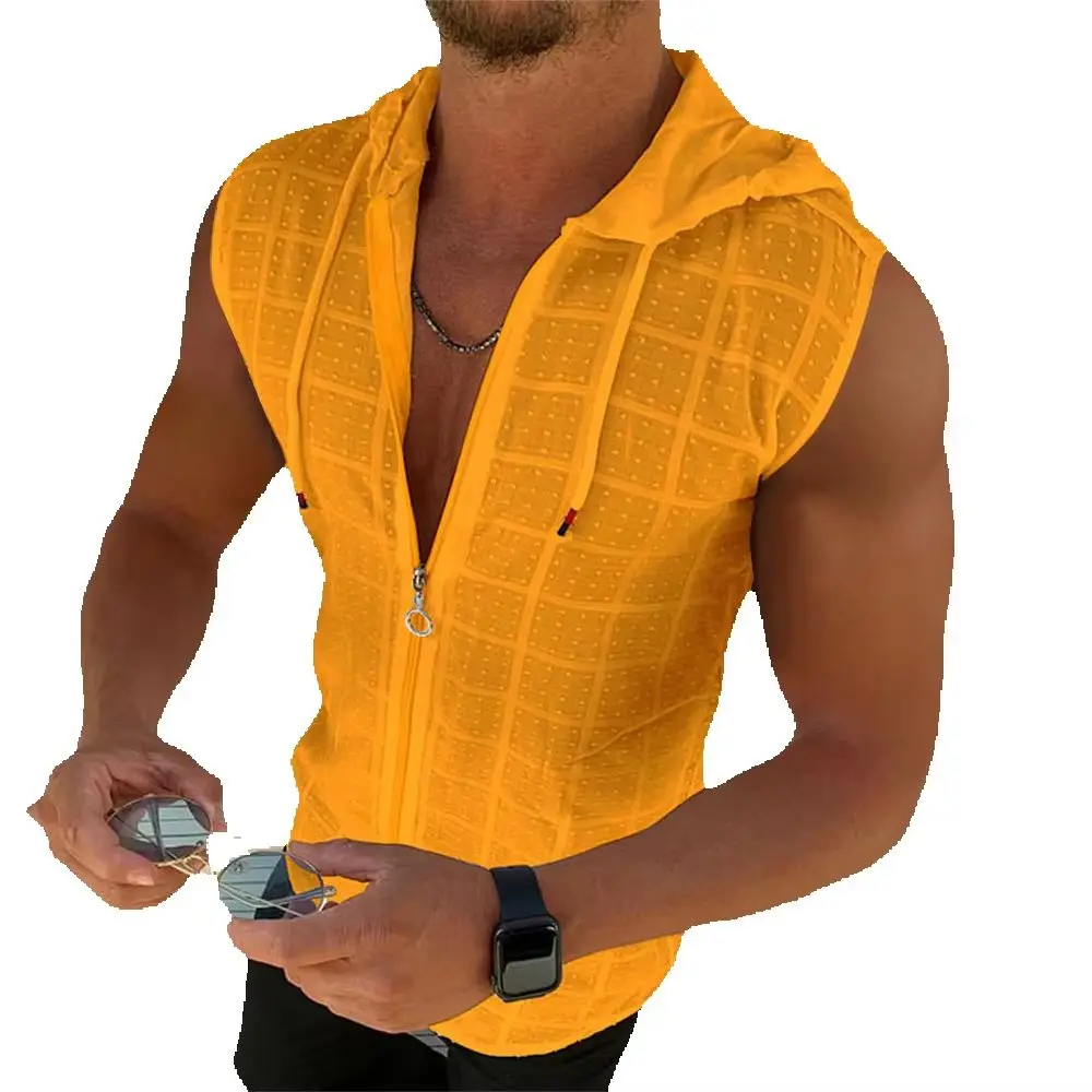 Kurzärmeliges Kapuzen-T-Shirt mit Reißverschluss für Herren, Sommermode, kariertes ärmelloses T-Shirt mit Reverskragen für Herren. – Detail 3