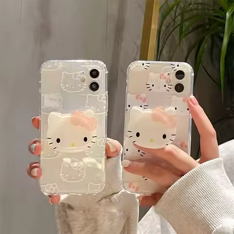 3D 헬로 키티 KT 헤드 그립 Tok 홀더 케이스 삼성 갤럭시 S25 S24 울트라 S22 참고 20 A55 A35 A54 커버 실리콘 투명