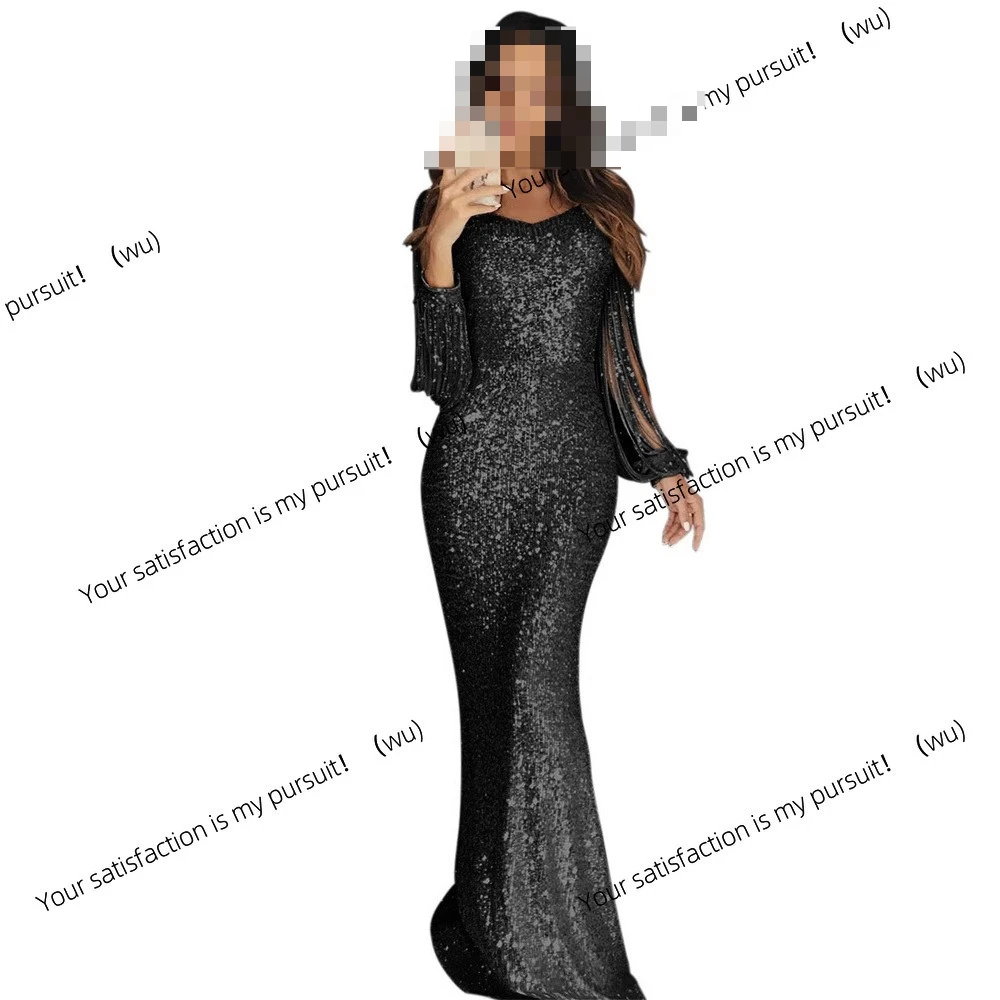 

Xun women's clothing European and American long dress evening dress long sleeve fringed dinner dress