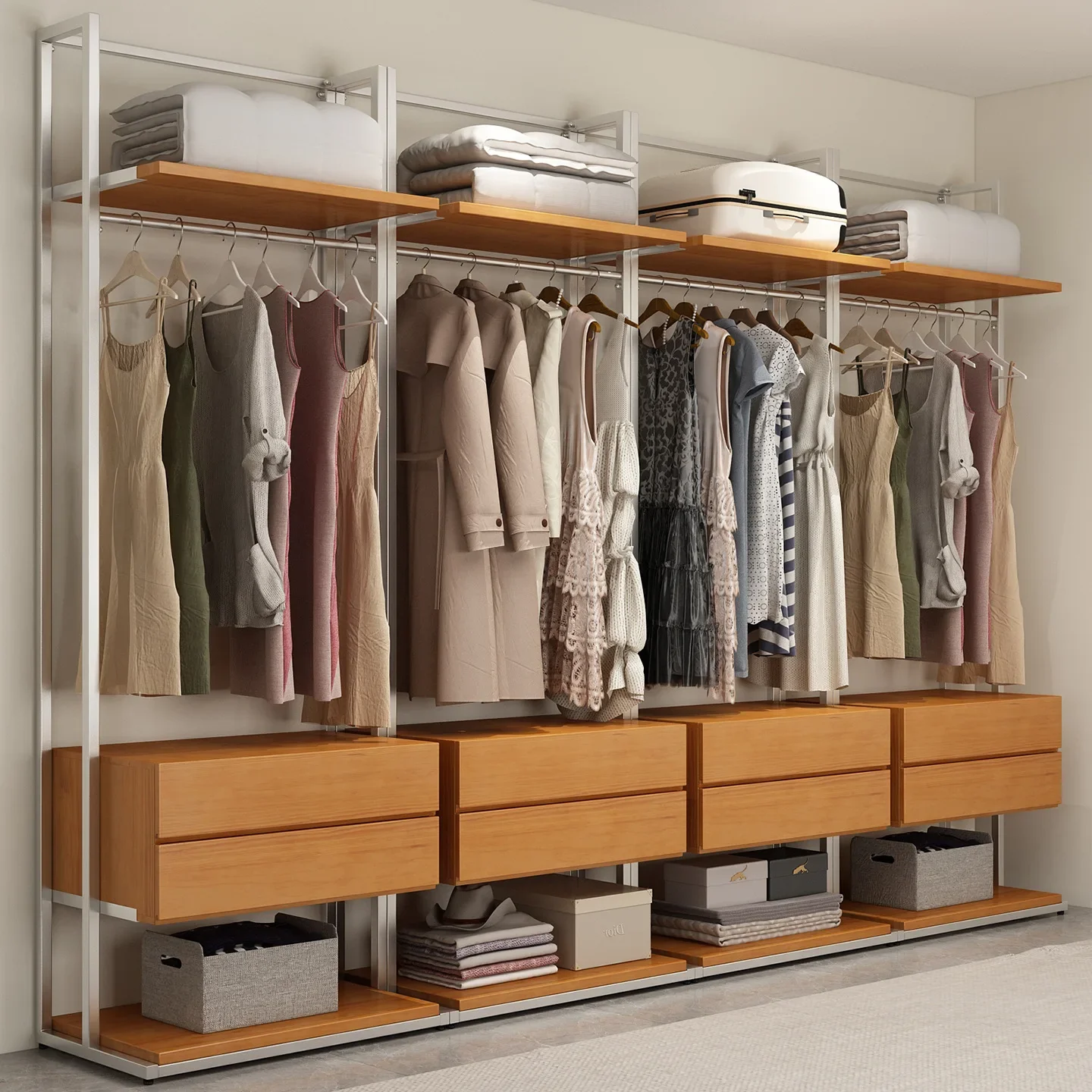 Metal wardrobe full wrought iron steel frame structure corner solid wood bedroom household cloakroom