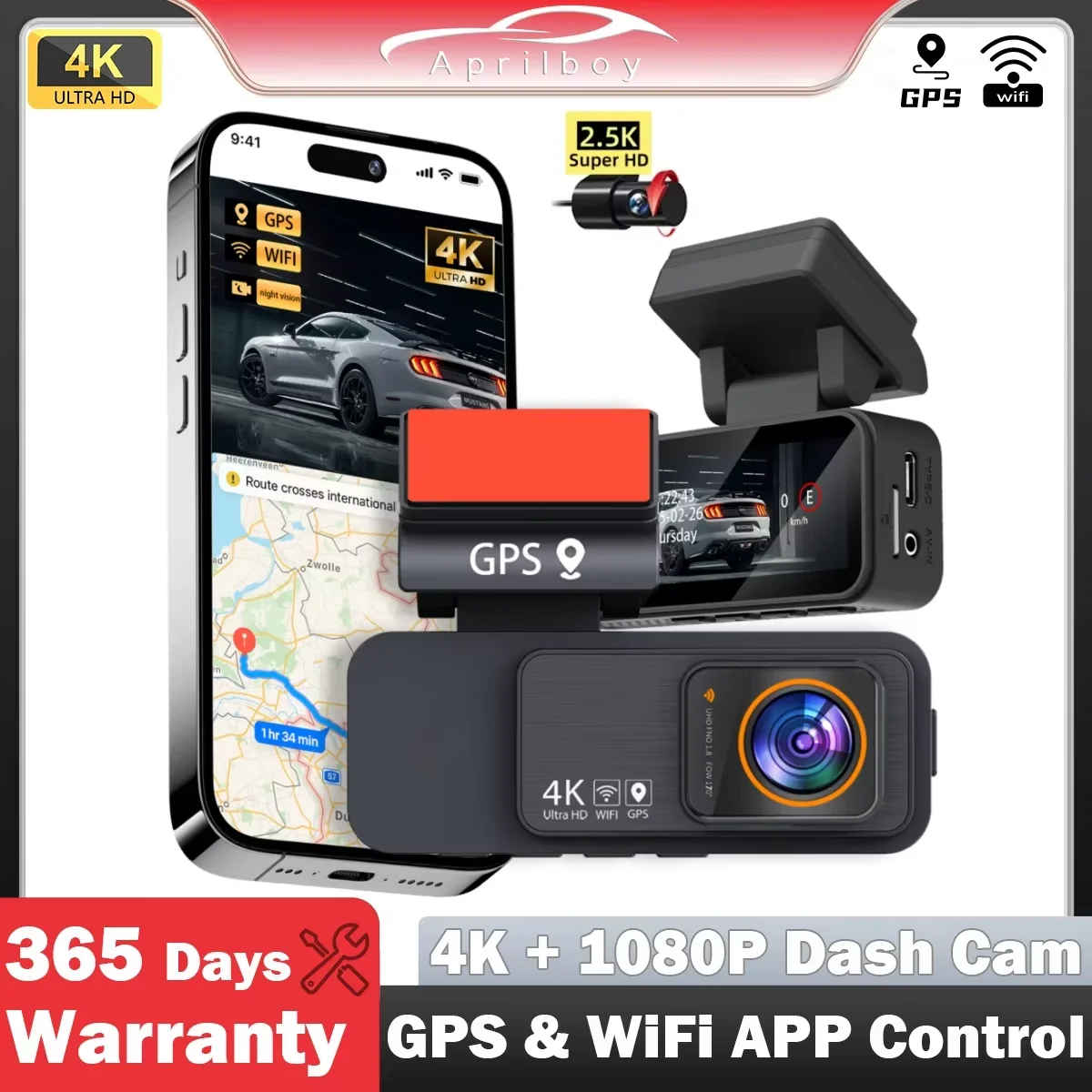 Aprilboy 3.2 inch 4K Dash Cam Dual Lens UHD Recording Car Camera DVR Night Vision Video Recorder Built-In WiFi GPS 24H Parking