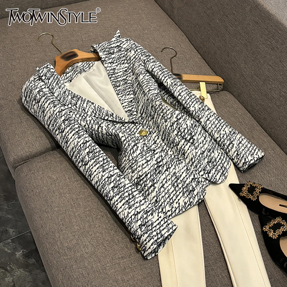 

TWOTWINSTYLE Casual Printing Blazers For Women Lapel Long Sleeve Spliced Button Autumn Design Sense Jacket Female New KJA520846