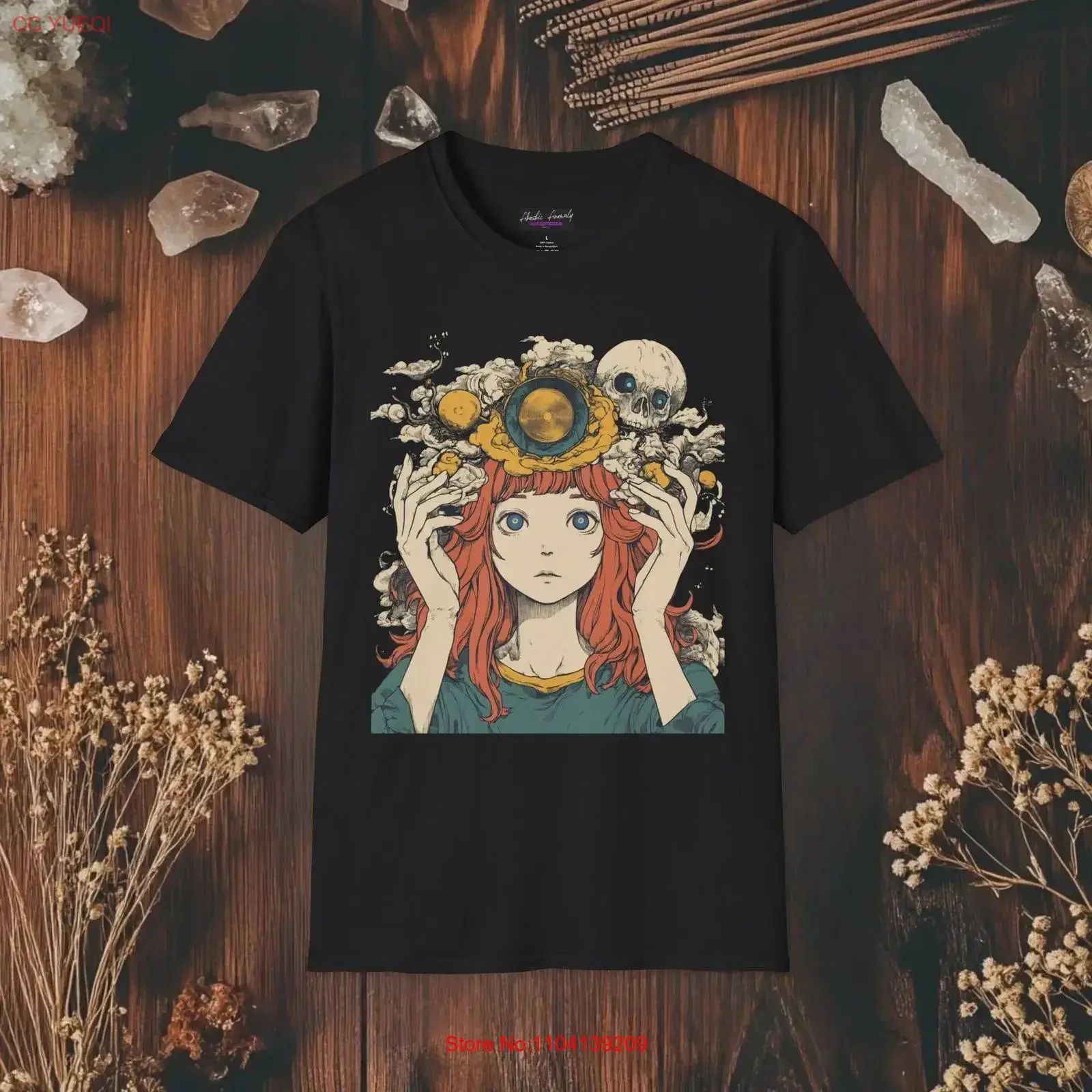 T-shirt Mystical Mindscape, motif crâne féminin, nuages, art psychédélique, visionnaire, vintage, légèrement confortable