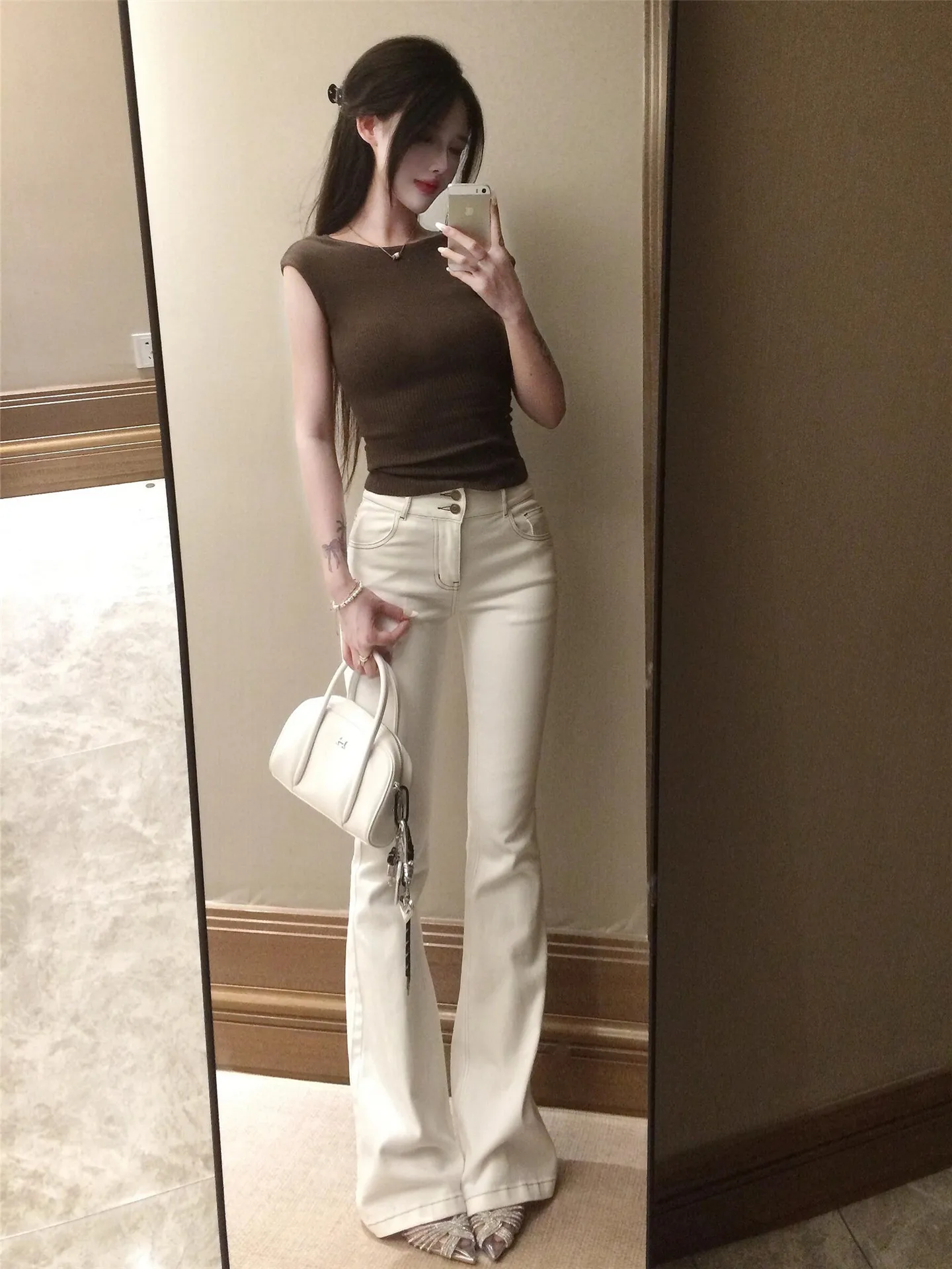 

Retro American Light Beige Flared Jeans Women's Autumn Winter Slimming Long Tall Floor-Length Pants Casual Cotton Denim