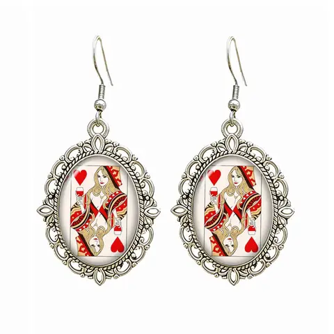 Vintage Playing Card Queen Of Hearts Earrings Retro Gothic Poker Glass Drop Earrings For Women Jewelry