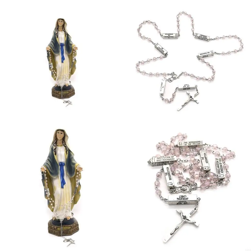 49cm Benedict Retro Rosary Bead Catholic Necklace Mystery Bead Necklace Cuboid Prayer for Cross Long Chain Necklac X3UC