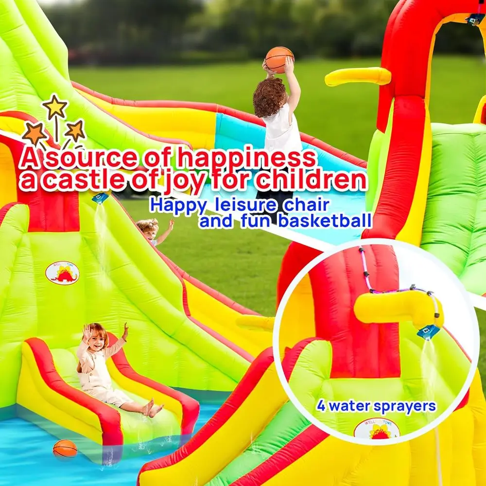 สวนน้ำเป่าลมพร้อมเครื่องเป่าลม, ปราสาทลมพร้อมสไลเดอร์ 2 ช่อง, ผนังปีนป่าย, ปืนฉีดน้ำ, เก้าอี้พักผ่อน และห่วงบาสเกตบอล, ขนาด 165 x 165 x 90.5