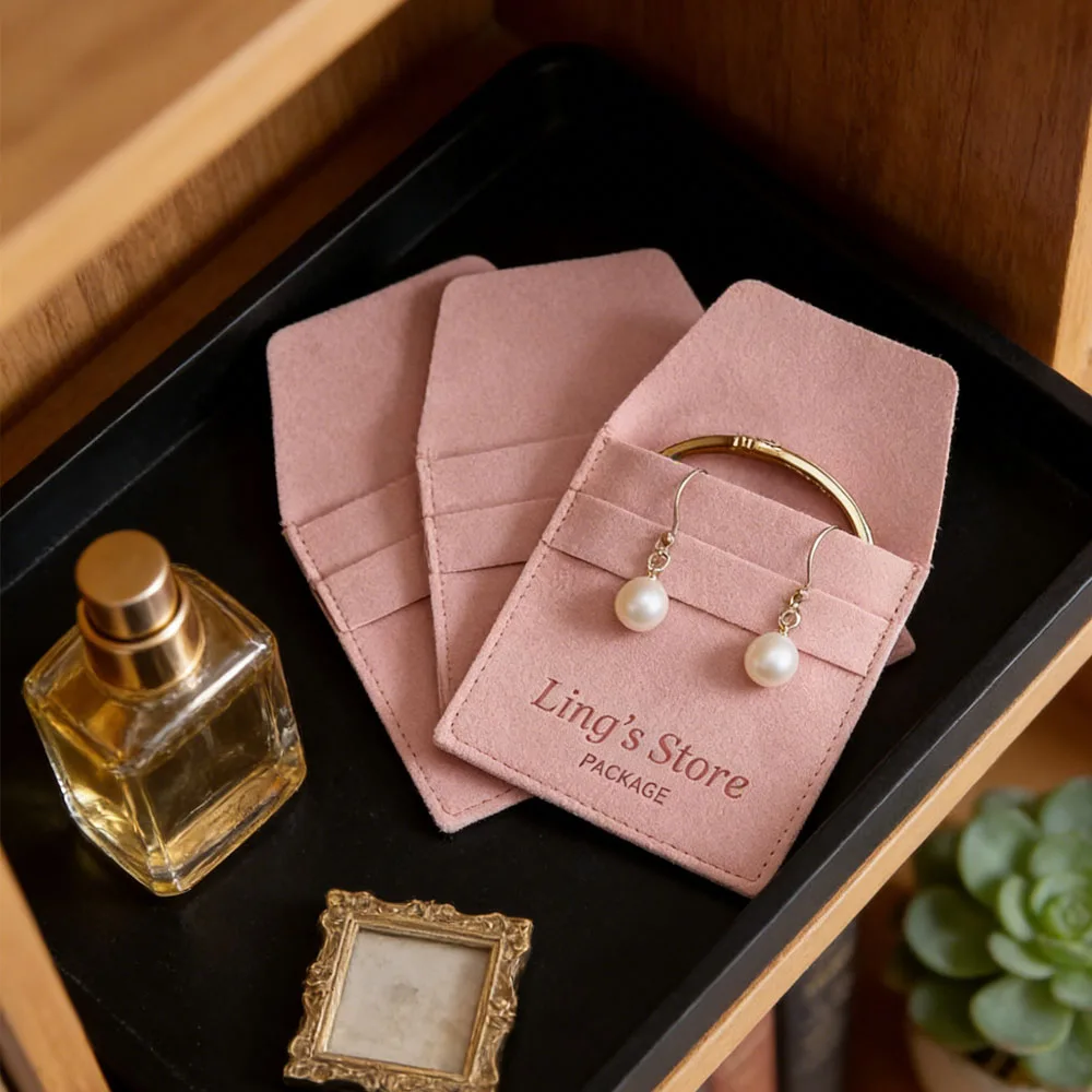 

50Pcs Custom Logo Pink Jewelry Bag Chic Gift Pouch Microfiber Velvet Suede Necklace Ring Earrings Watch Glasses Organizer Pocket