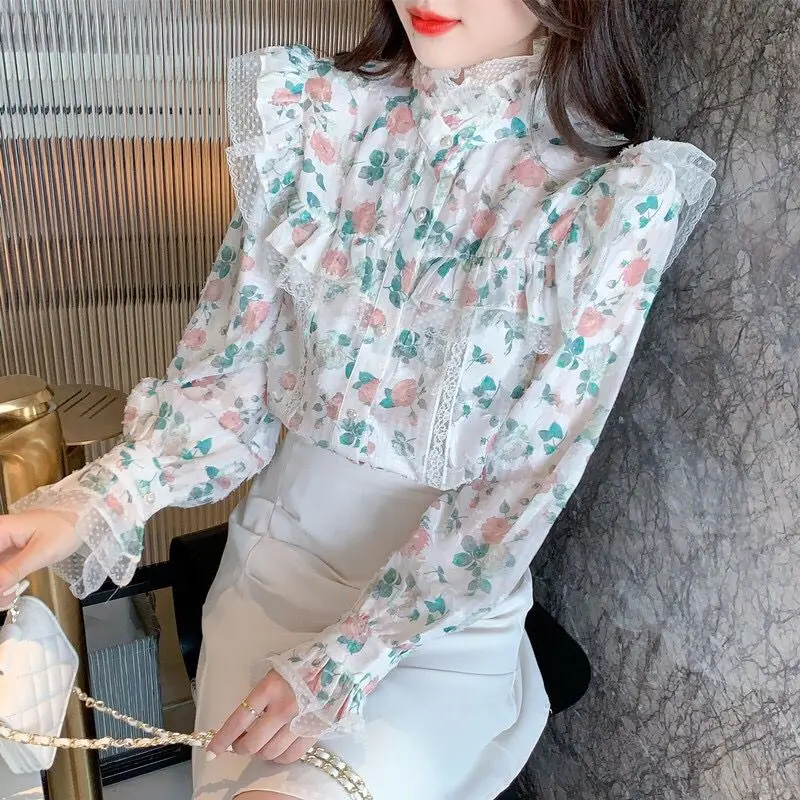 Vintage Printed Gauze Floral Flare Sleeve Chiffon Shirt Women's Clothing 2023 Autumn Winter New Casual Tops Sweet Blouse