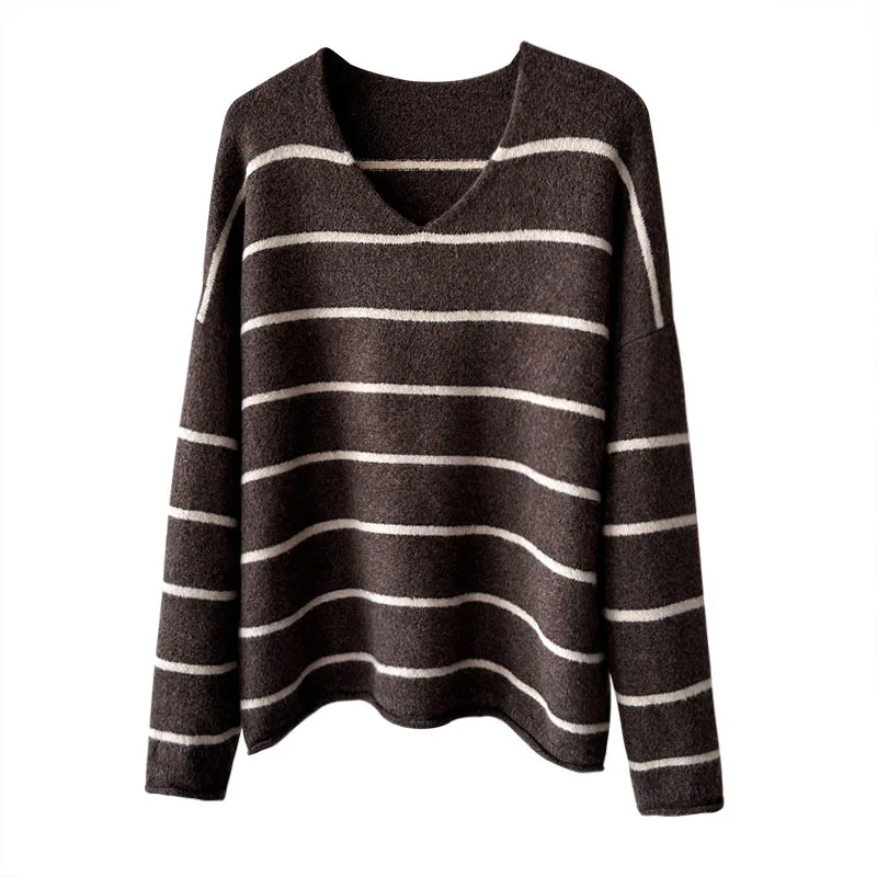 WHTREND Herbst Winter Neue Gestrickte Pullover frauen V-ausschnitt Gestreiften Basis Tropfen Schulter Lose Pullover Top WH2048