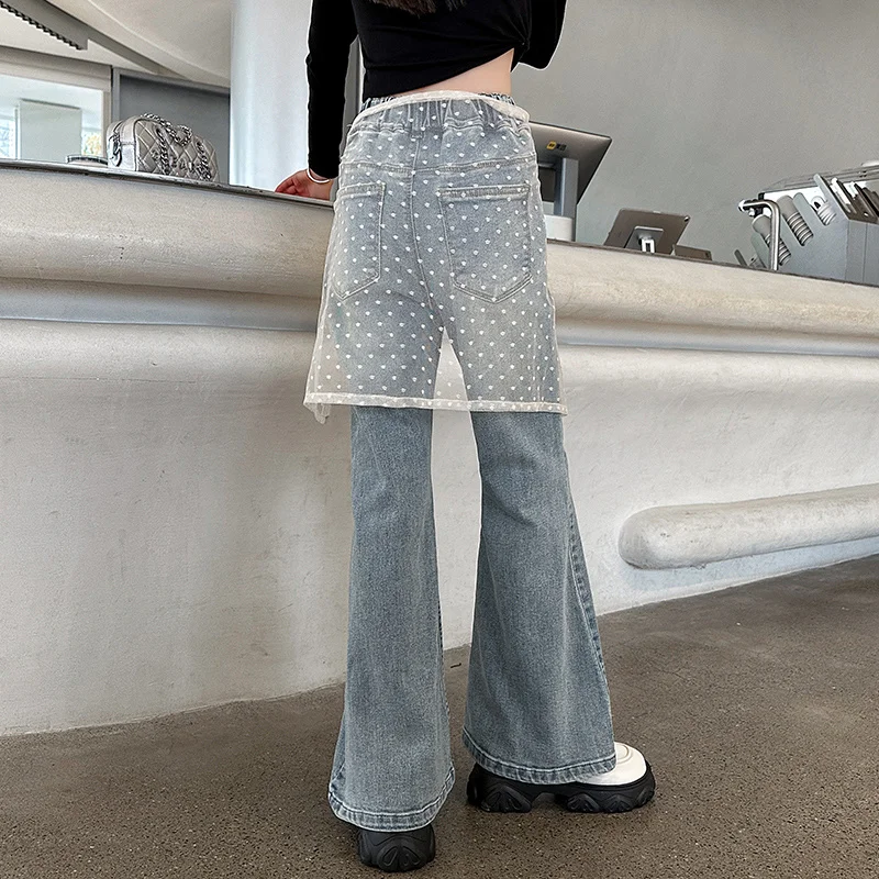New Arrival Children Spring Flared Jeans With Lace Apron For Teen Girls From Age 5 To 14 Years Kids Fashion Boot Cut Denim Pants