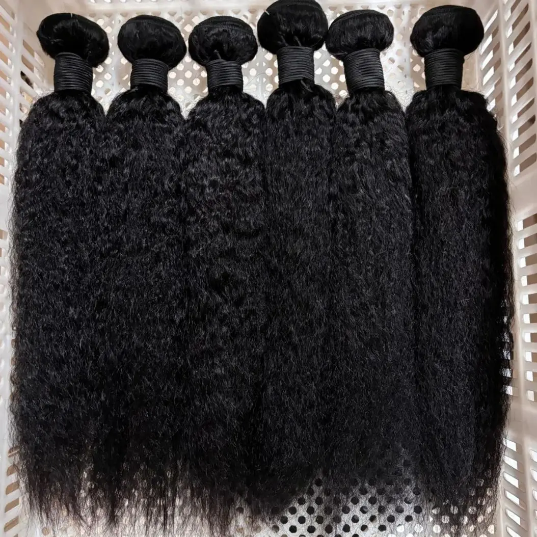 Kinky em linha reta feixes de cabelo humano 1/3/4 yaki pacotes 28 30 32 Polegada pacotes extensões de cabelo humano cru brasileiro para mulher