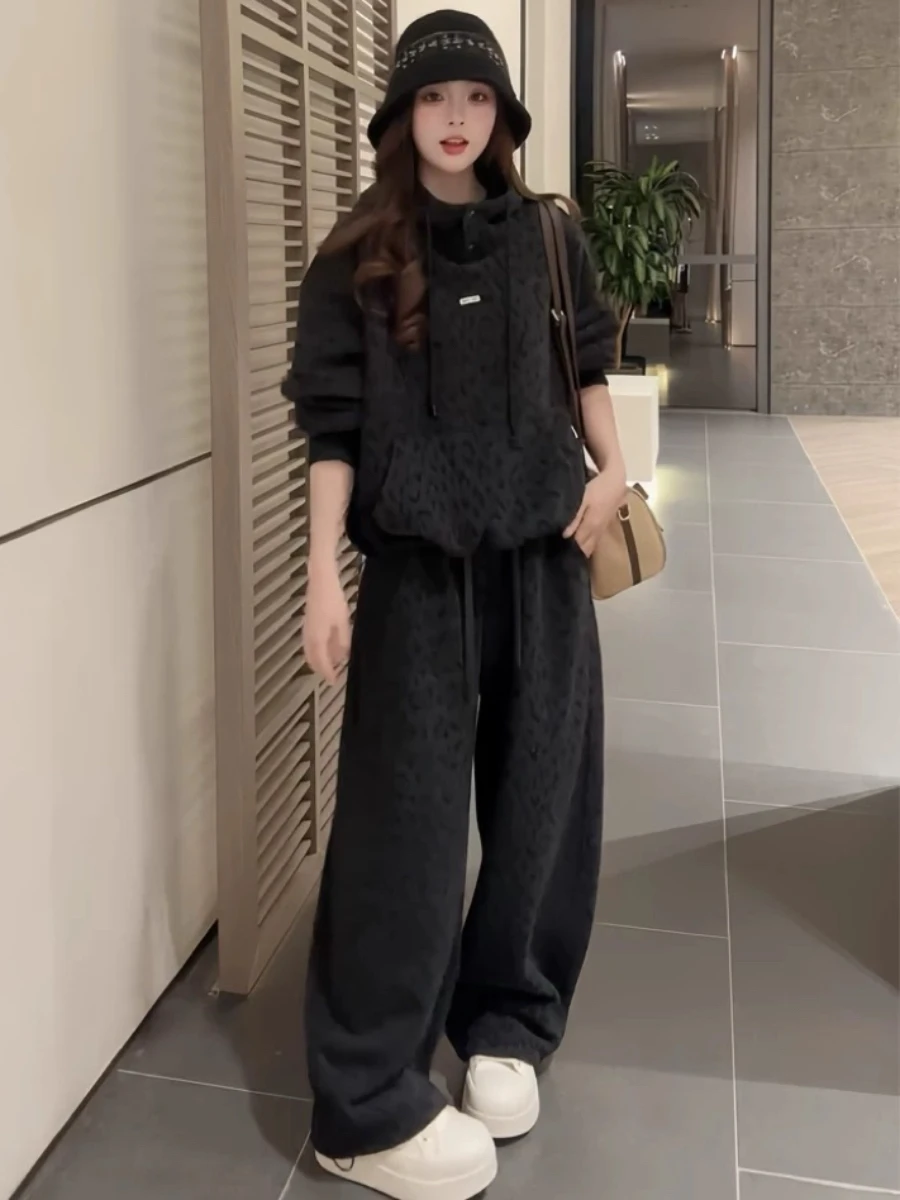 

Korean Style Autumn Winter Fashion Leopard Print Hooded Sweatshirt And Wide Leg Pants Two Piece Set Thickened Fleece Warm