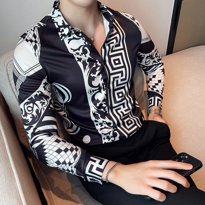 Luxury Long Sleeve Mens Baroque Shirts Dress Autumn Party Prom Wear Slim Fit Male Brand Clothing Striped Print Casual Shirt Men