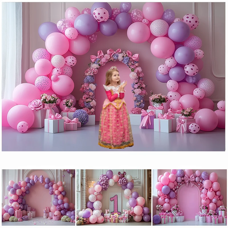 

LS Photography Background Girl Princess Birthday Party Pink Arch Balloon Cake Smash Kids Portrait Photo Backdrop Studio