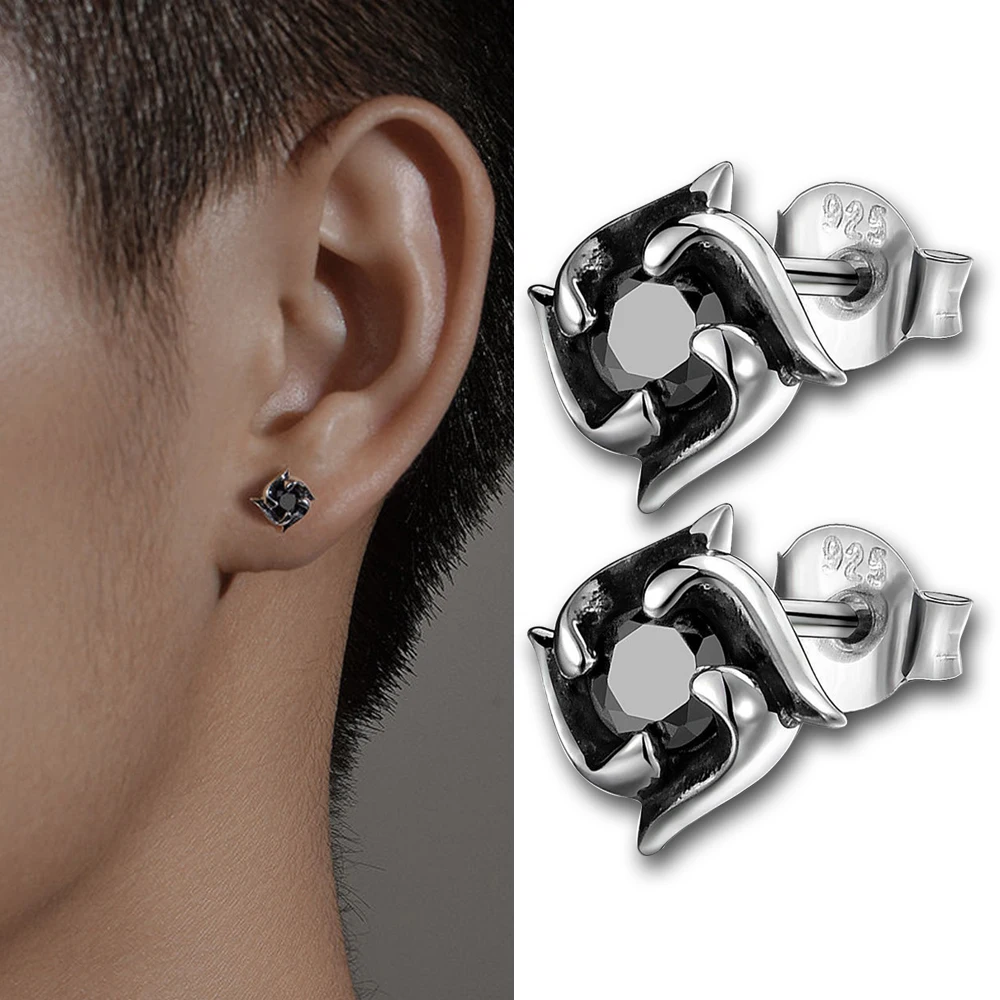 Korean Gothic Small Clover Black Earrings for Teens Fashion Male Punk Earrings with Black Stone Party Jewelry