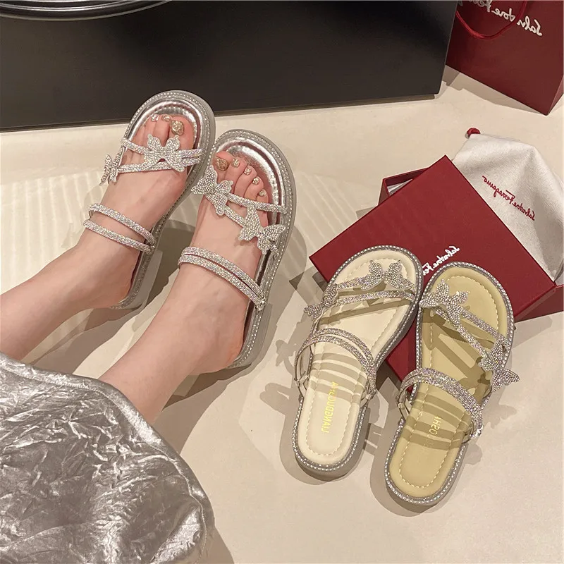 Slippers Casual Flat Shoes Female Med Glitter Slides Slipers Women Butterfly-Knot Luxury Jelly Summer 2024 Beach Bonded Leather