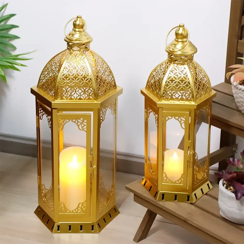 European Union Stock 2 Piece Moroccan Gold Metal Candle Lantern Hanging Portable Glass Candlestick Suitable for Home Holiday