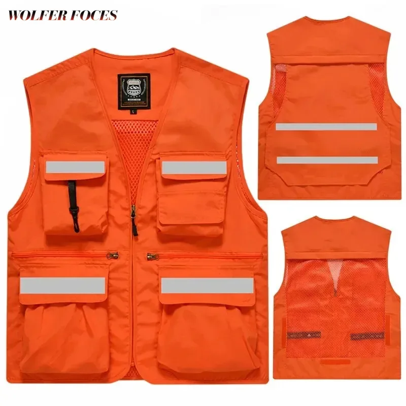 Reflective Men's Work Clothes Tactical Vest Multi-pocket Logo Custom Sleeveless MAN Mens Jacket Designer Embroidered Camping Zip