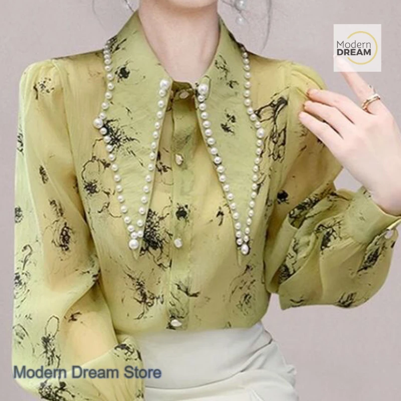 

French retro pointed collar beaded pointed collar long sleeve floral shirt women's spring new loose design chiffon shirt clothes