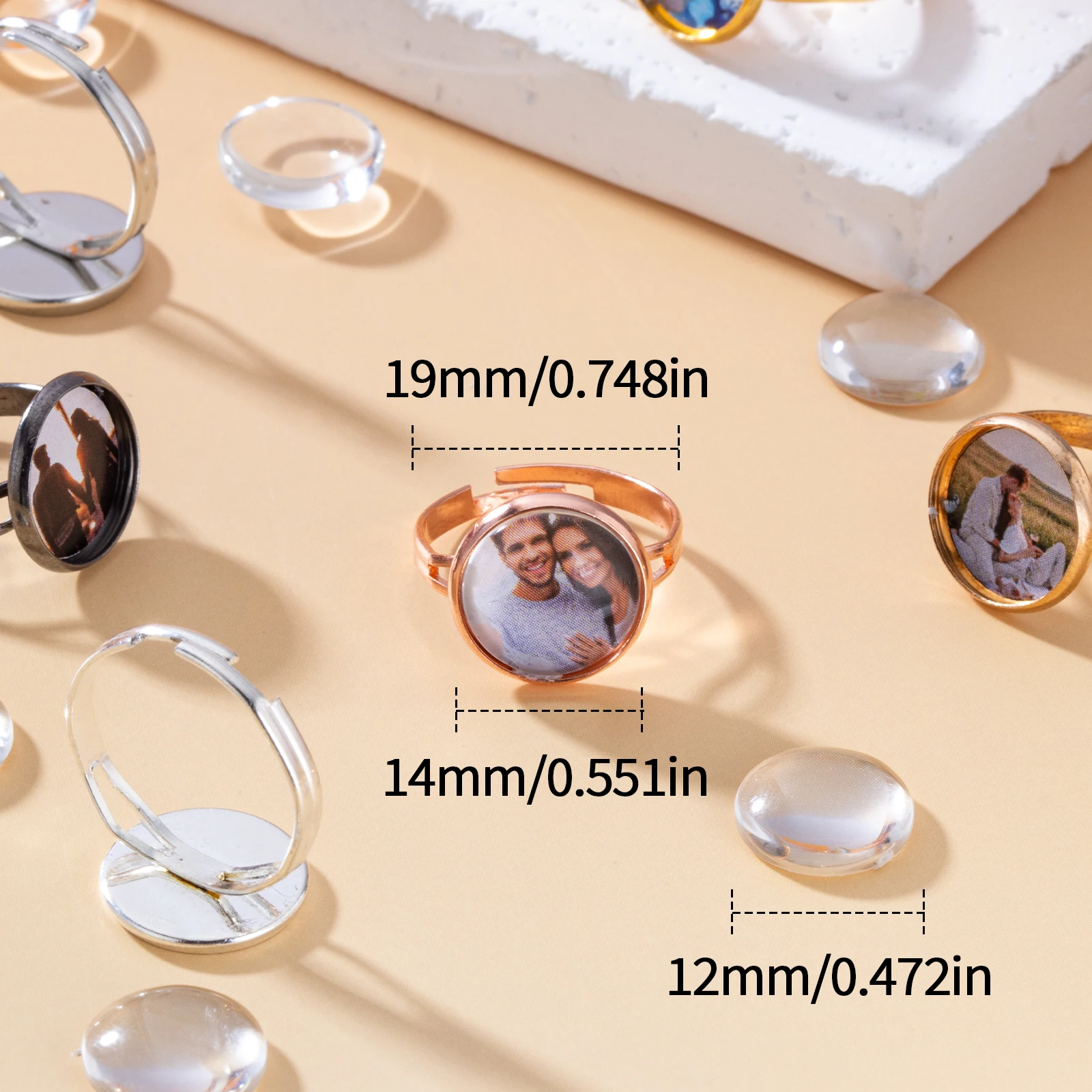 Hot Sale 5Sets 6 Colors Photo Ring Base with Glass Cabochons Adjustable Finger Ring Blanks for DIY Jewelry Making Accessories