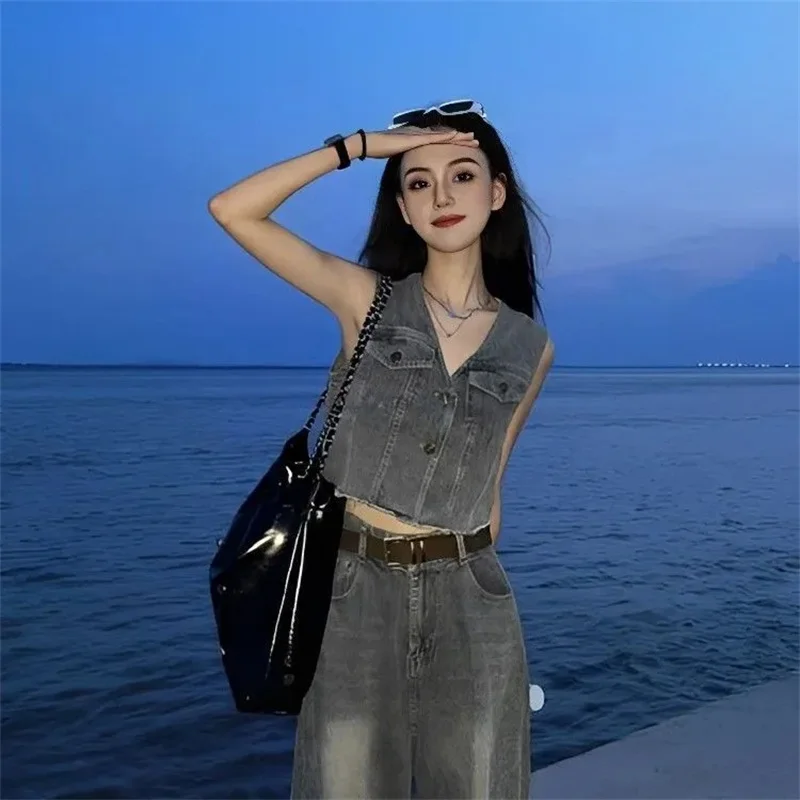 Retro Vintage Denim Sets For Women\'s Short Two Button Sleeveless Vest Top+High Waisted Versatile Slim Wide Leg Pants+Denim Vest