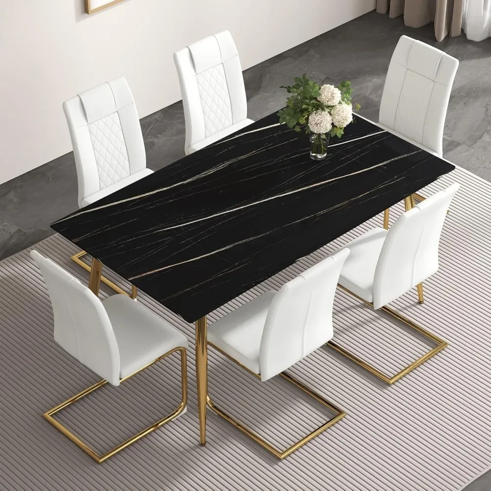 

7 Piece Dining Room Table Set, Kitchen Dining Tables and Chairs Set for 6,63" Marble Dinner Table Set for 6 PU Leather Chairs