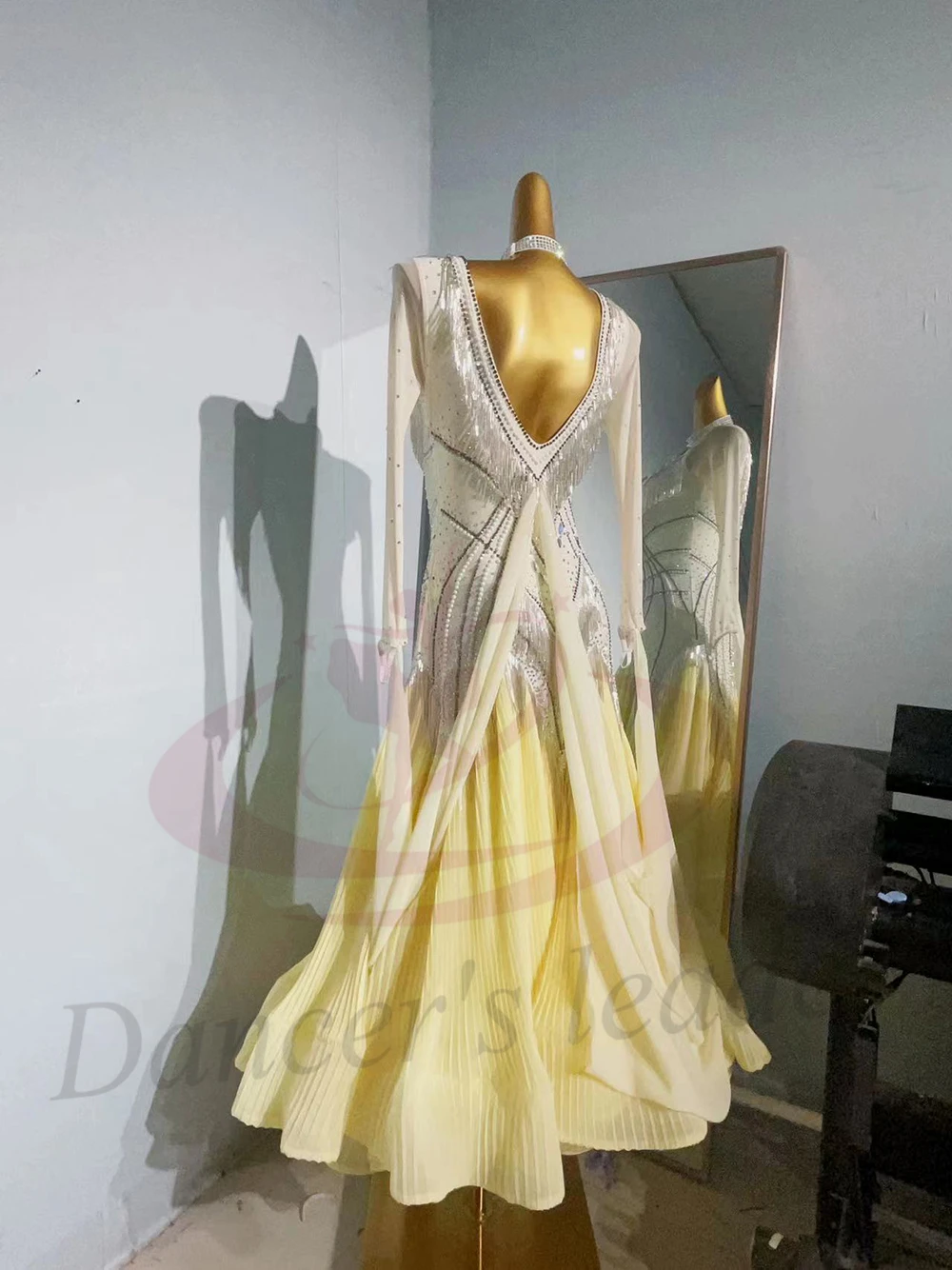 

Latin Dance Adult Children'S Dress AB Stone High-End Custom Yellow Pleated Modern Skirt Tango Women'S Professional Clothing