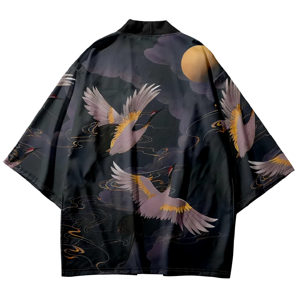 

6XL Oversized Cardigan Robe for Cosplay Streetwear Black Tops 2025 Summer Japanese Style Crane Print Kimono Men's Haori