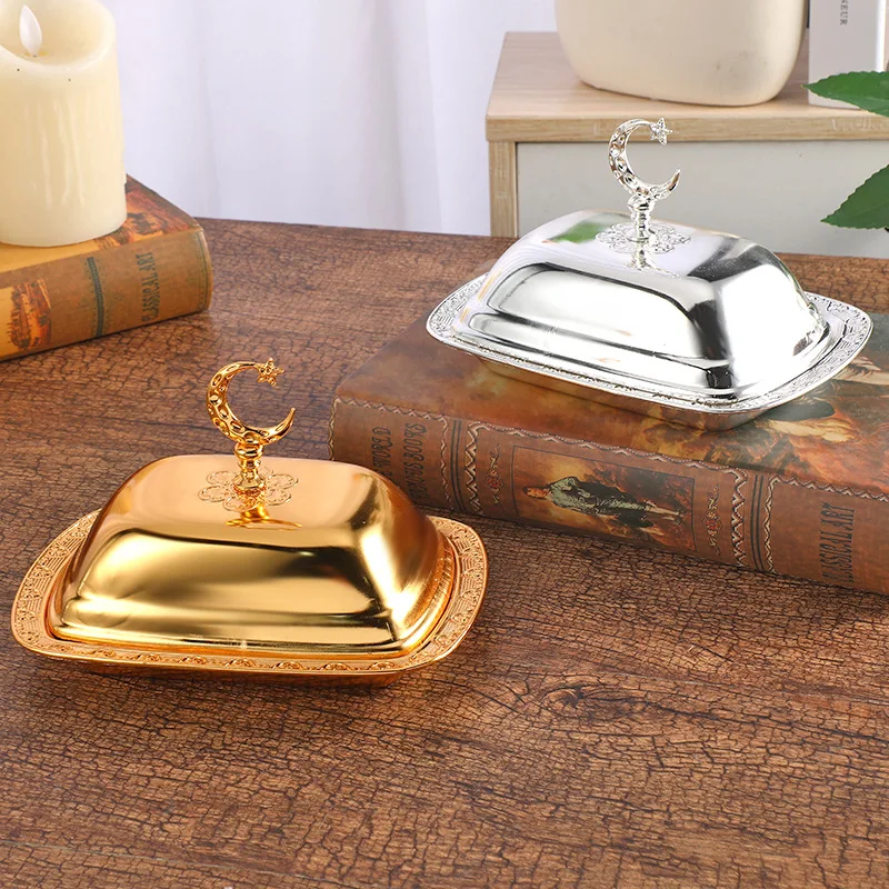 Luxury Metal Butter Dish Box Cake Bread Snack Food Container Cheese Server Storage Keeper Tray with Lid Kitchen Dinnerware