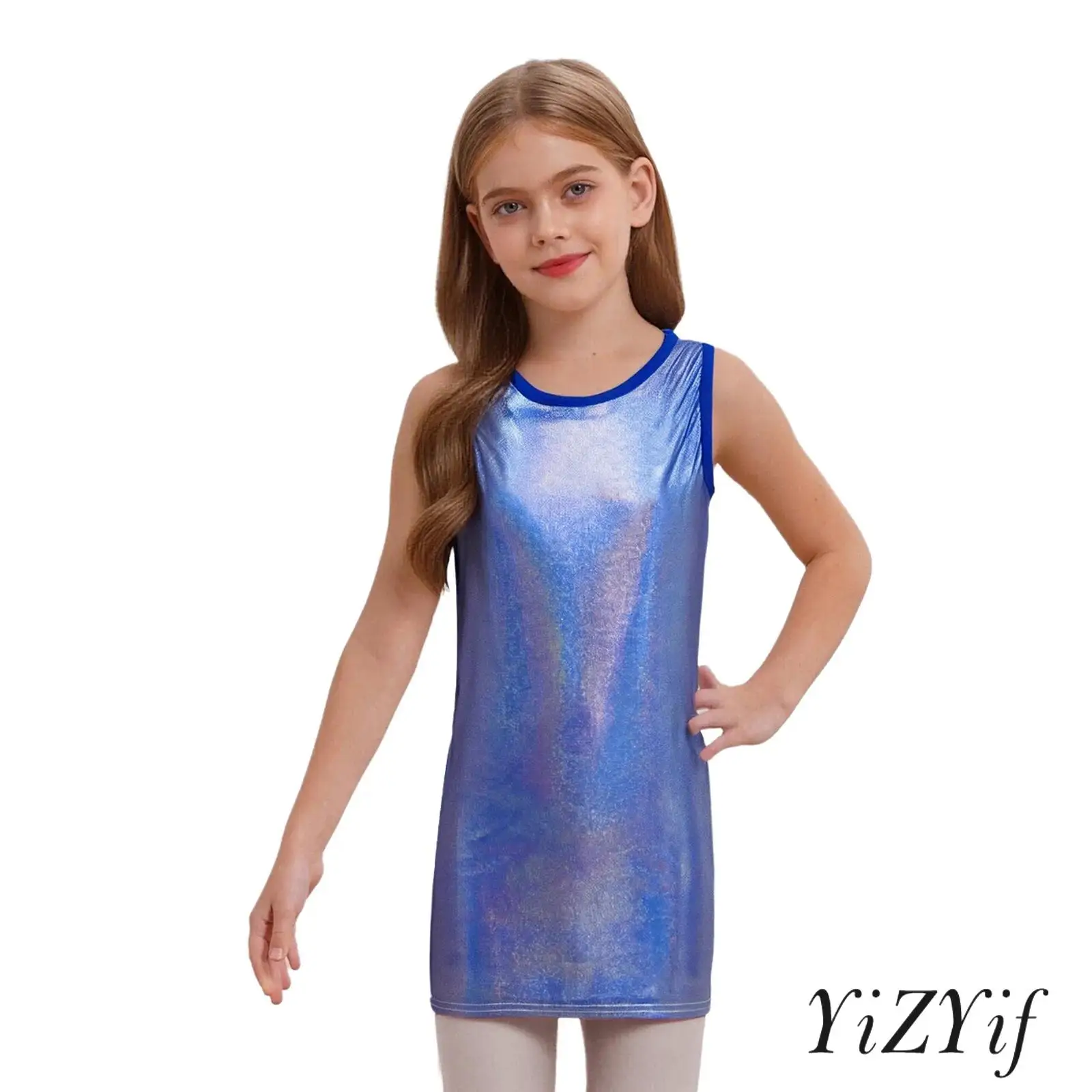 

Girls Jazz Dance Dress Metallic Mini Dots Round Neck Sleeveless Tank Dress Cheerleading Uniform Dress Jazz Performance Costume