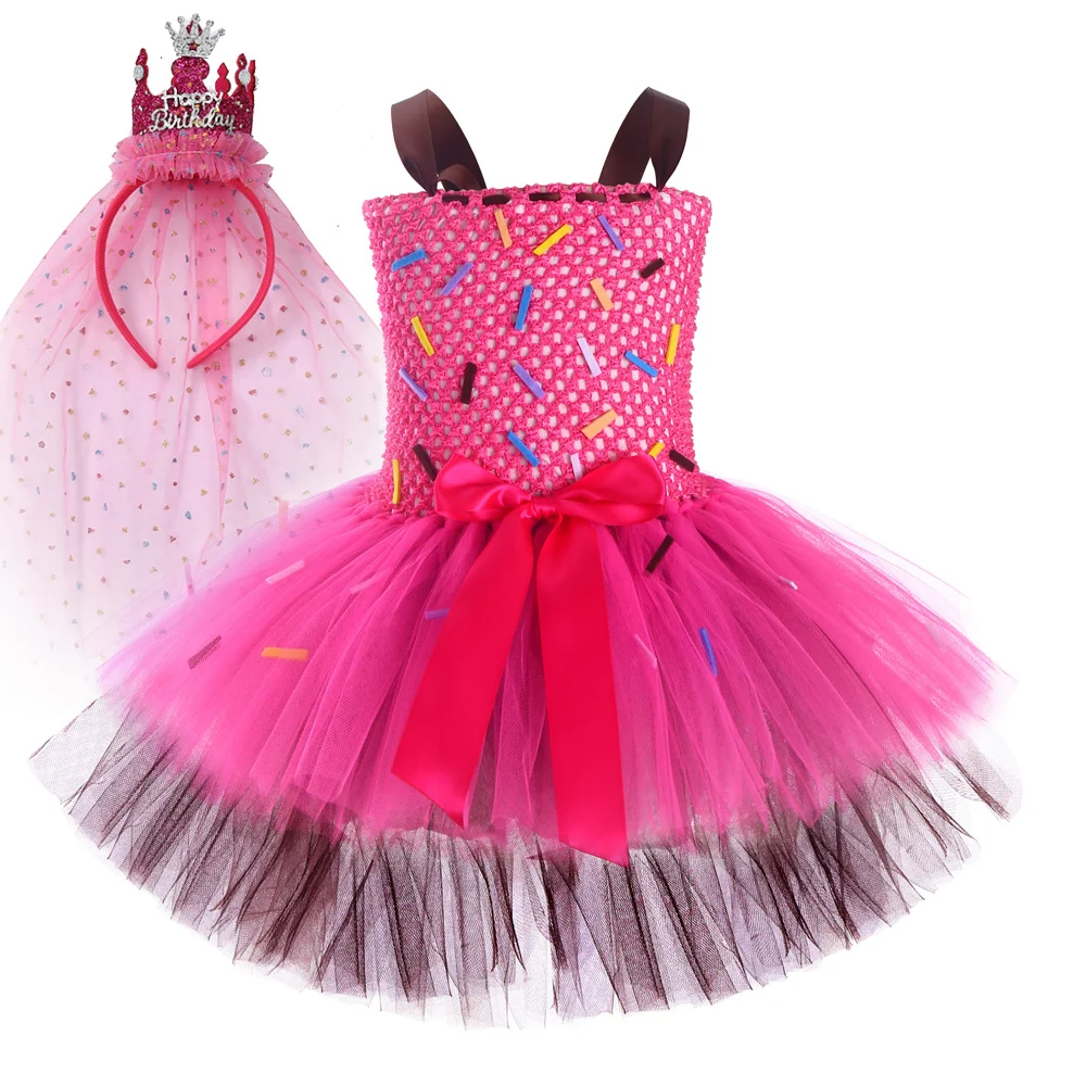 Coffee Hot Pink Doughnut Costume for Baby Girls Sweet Donuts Layered Princess Dresses for Kids Birthday Party Ballet Tutu Outfit