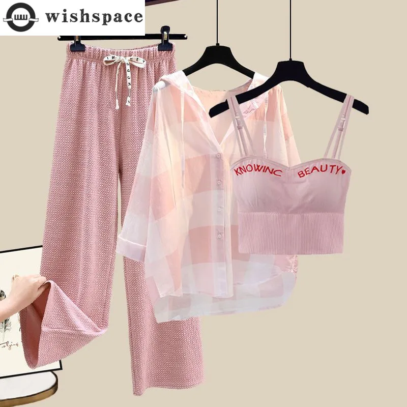 Plaid Patchwork Chiffon Shirt Pink Suspender Wide Leg Pants Three-piece Elegant Women's Pants Set Summer Sportswear Outfits