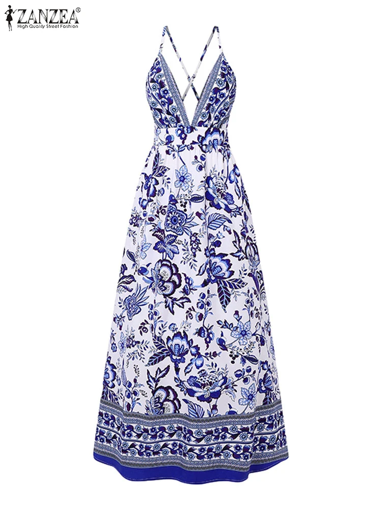 ZANZEA Sexy Spaghetti Strap Summer Long Dresses Women Elegant Maxi Sundress 2025 Halter Floral Print Beach Bohemian Party Robe