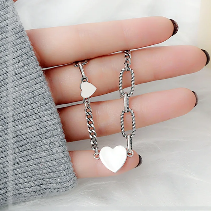 925 Sterling Silver Bracelets for Women Men String Accessories Trend Vintage Heart Hollow Chain Pendant Party Jewelry Gift
