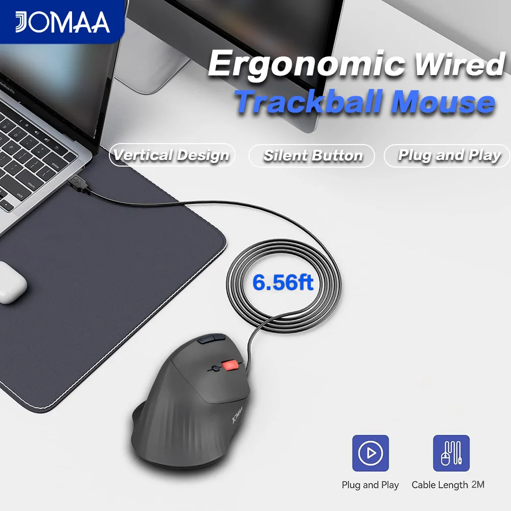 Ergonomic USB-A Wired Vertical Trackball Mouse with Silent Buttons,1600DPI Adjustable Wired Optical Mouse-PC/Laptop/Desktop