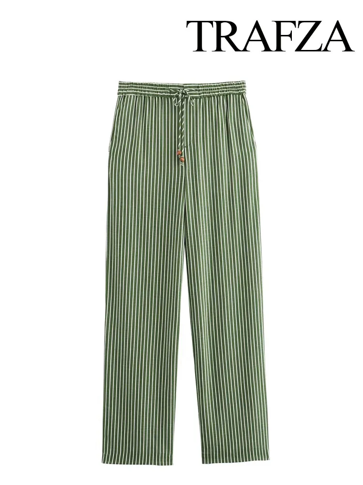 

TRAFZA Women Chic Green Striped High Waist Loose Trousers Female Casual Drawstring Pocket Decorate Wide Leg Pant Streetwear TRAF