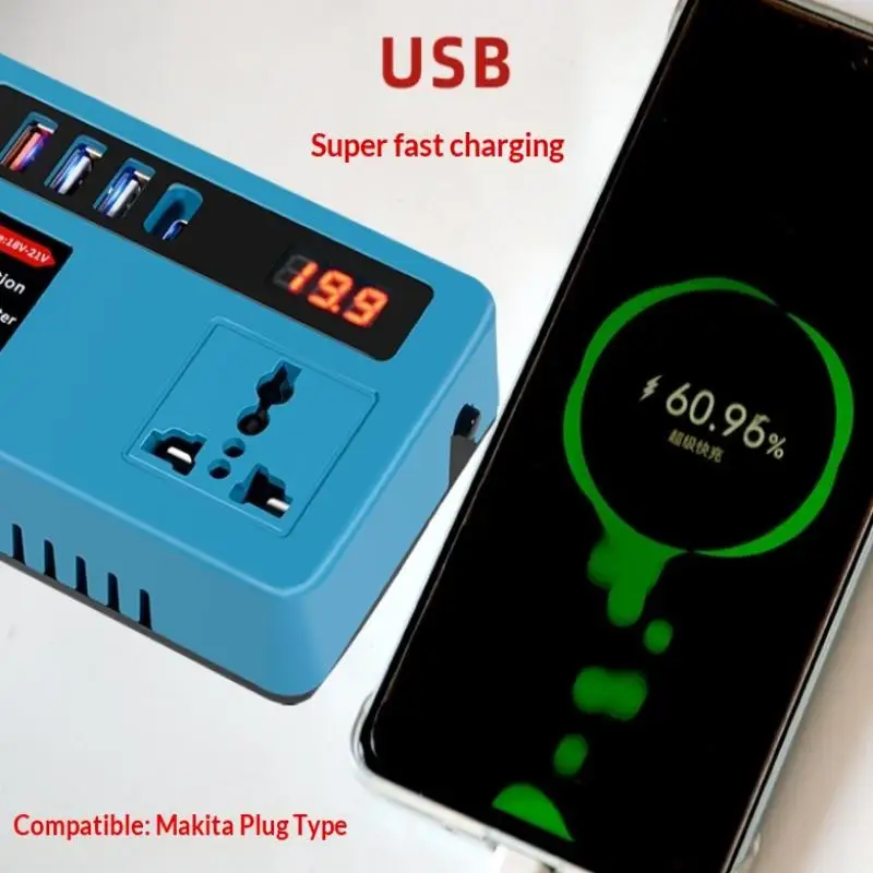 New 18v-21v To 220v Battery Inverter with 4 USB LED Multifunctional Smart Transformer Dual Plug Household