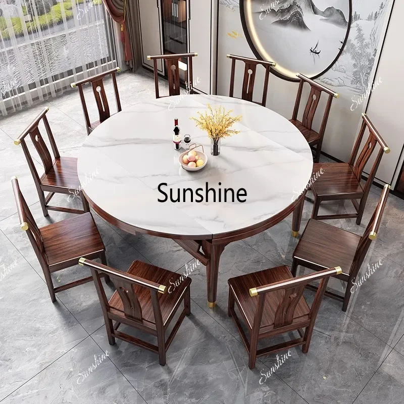 New Chinese-style solid wood rock slab dining table and chair combination light luxury high-end small apartment telescopicY