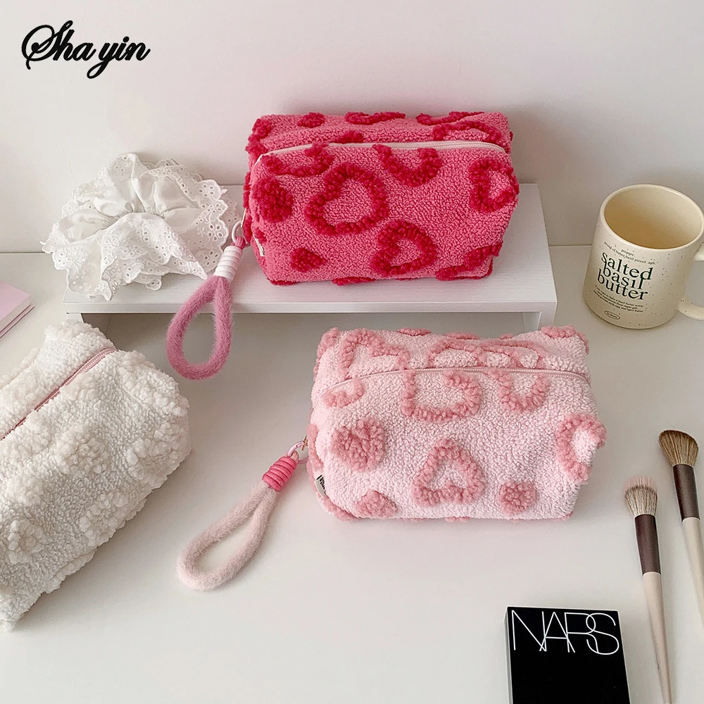 Bolsas de maquillaje de felpa con asa, bolsa de almacenamiento de cosméticos de viaje suave, organizador portátil con estampado romántico, estuche para lápices, bonita bolsa de mano
